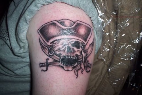 Jolly Roger Grey Ink Tattoo On Half Sleeve